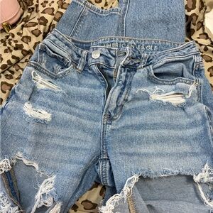 American Eagle Outfitters Light Blue Distressed Denim Overalls